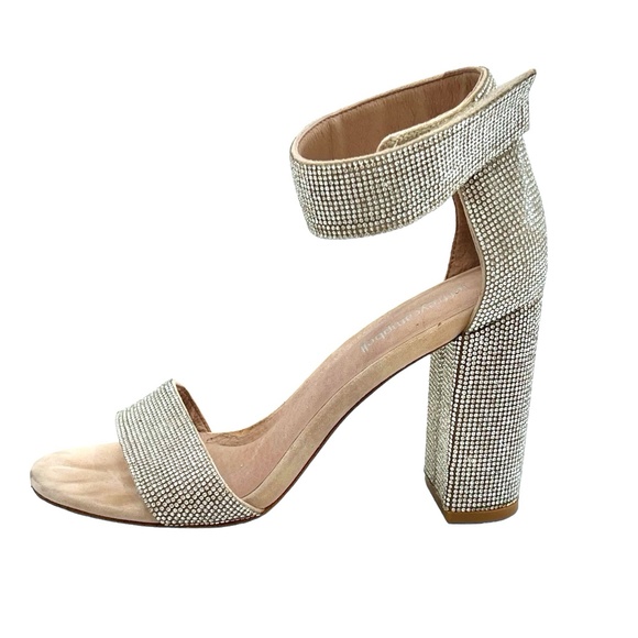 JEFFREY CAMPBELL LINDSAY JS GLITTER HEEL SANDAL - NUDE SUEDE CHAMPAGNE - Picture 1 of 16